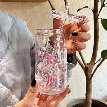 Cute Mason Jar Shaped Glass Tumbler - With Bow Tie Plastic Straw & Lid, For Iced Coffee, Juice & Water, Solves Spills/Unportable