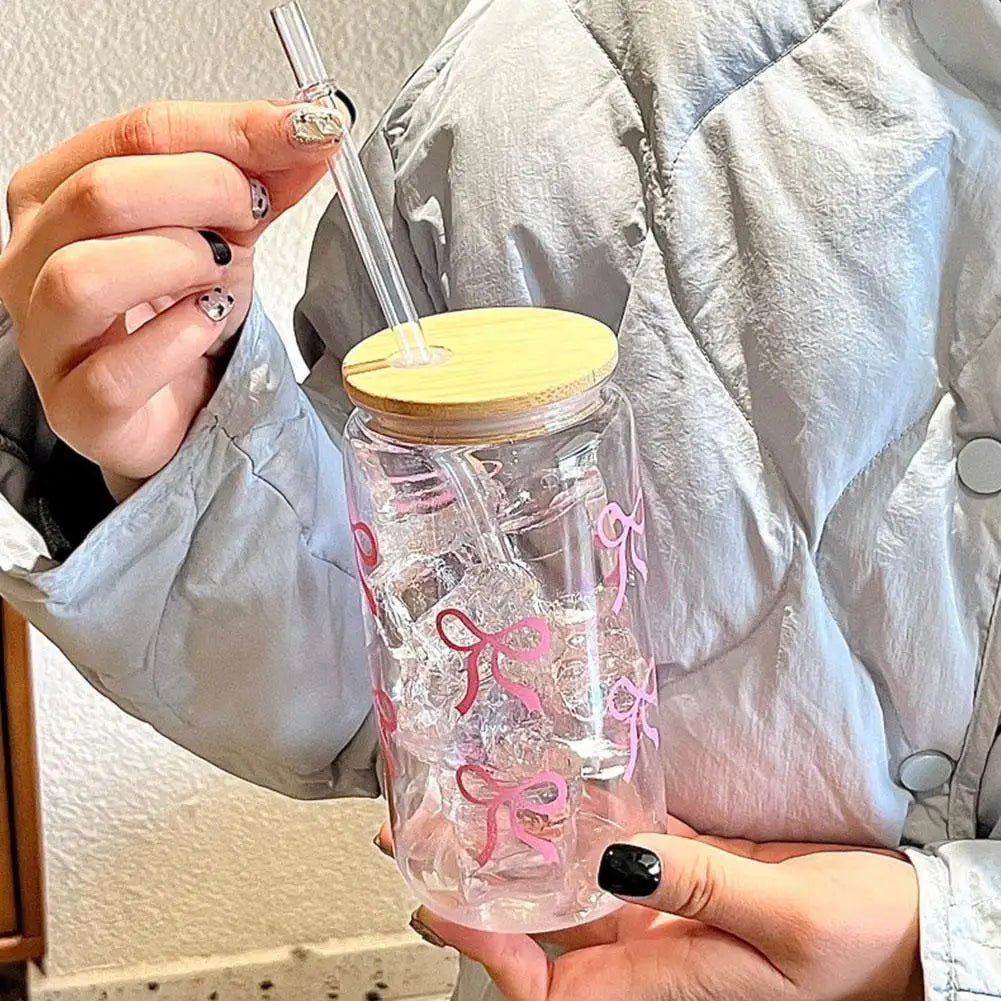 Cute Mason Jar Shaped Glass Tumbler - With Bow Tie Plastic Straw & Lid, For Iced Coffee, Juice & Water, Solves Spills/Unportable