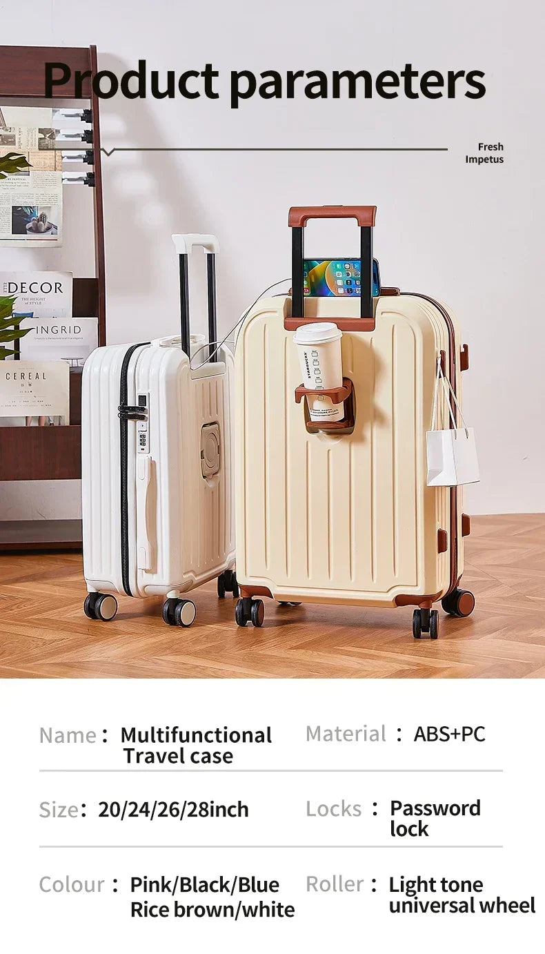 20-28 Inch Aluminum-Magnesium Luggage: Carry-On Trolley with Cup Holder and 4-Wheel Spinner-Durable Lightweight Travel Suitcase