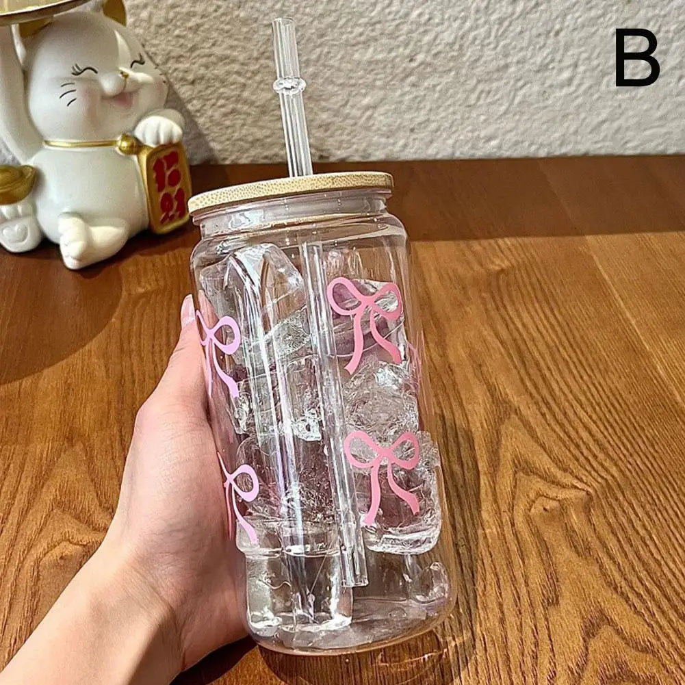 Cute Mason Jar Shaped Glass Tumbler - With Bow Tie Plastic Straw & Lid, For Iced Coffee, Juice & Water, Solves Spills/Unportable