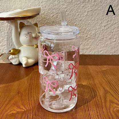 Cute Mason Jar Shaped Glass Tumbler - With Bow Tie Plastic Straw & Lid, For Iced Coffee, Juice & Water, Solves Spills/Unportable