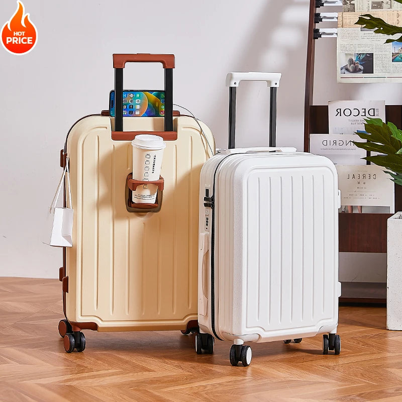 20-28 Inch Aluminum-Magnesium Luggage: Carry-On Trolley with Cup Holder and 4-Wheel Spinner-Durable Lightweight Travel Suitcase