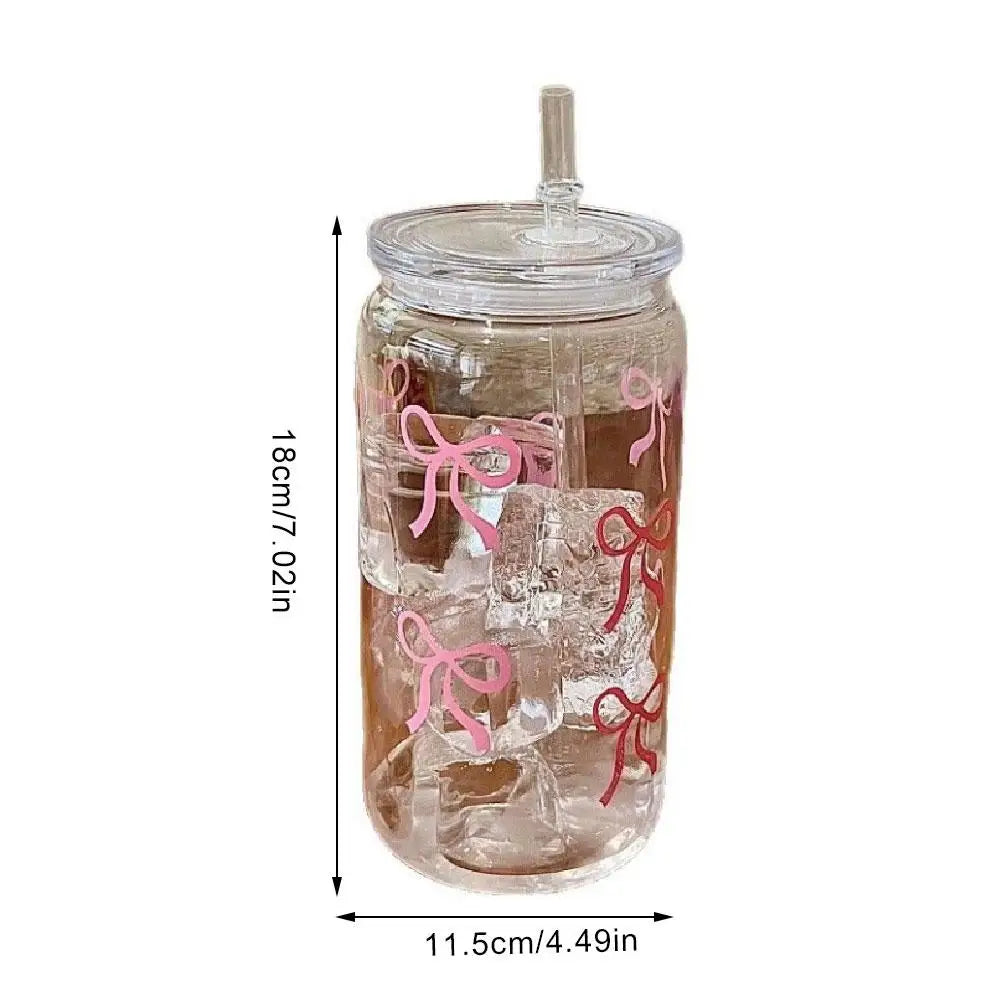 Cute Mason Jar Shaped Glass Tumbler - With Bow Tie Plastic Straw & Lid, For Iced Coffee, Juice & Water, Solves Spills/Unportable
