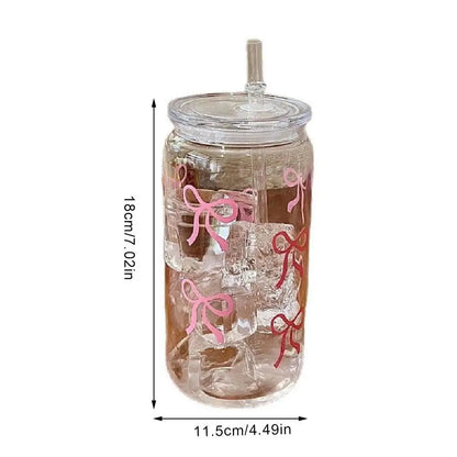 Cute Mason Jar Shaped Glass Tumbler - With Bow Tie Plastic Straw & Lid, For Iced Coffee, Juice & Water, Solves Spills/Unportable