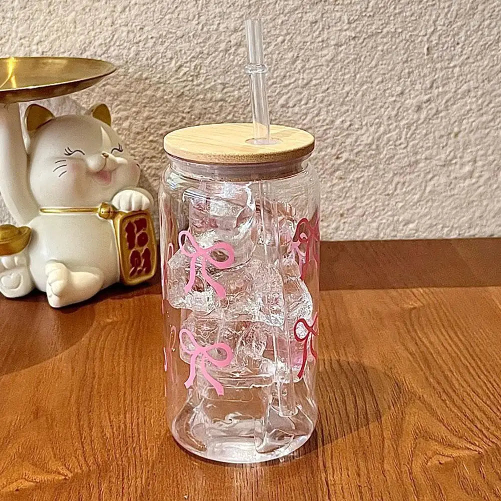 Cute Mason Jar Shaped Glass Tumbler - With Bow Tie Plastic Straw & Lid, For Iced Coffee, Juice & Water, Solves Spills/Unportable