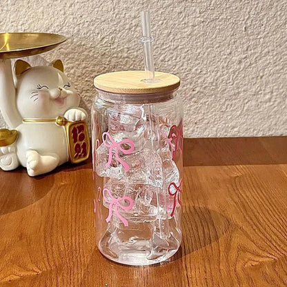 Cute Mason Jar Shaped Glass Tumbler - With Bow Tie Plastic Straw & Lid, For Iced Coffee, Juice & Water, Solves Spills/Unportable