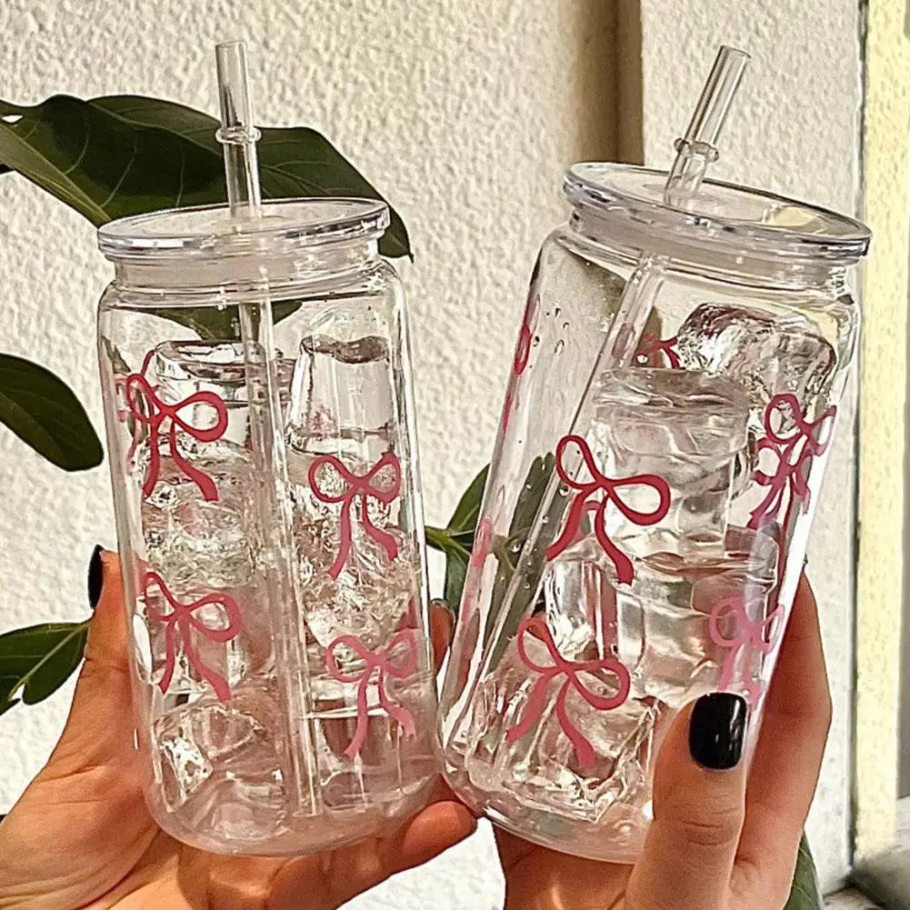 Cute Mason Jar Shaped Glass Tumbler - With Bow Tie Plastic Straw & Lid, For Iced Coffee, Juice & Water, Solves Spills/Unportable
