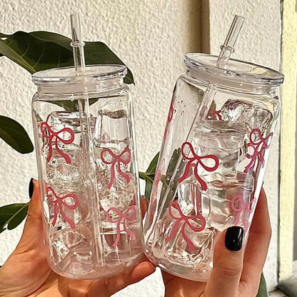 Cute Mason Jar Shaped Glass Tumbler - With Bow Tie Plastic Straw & Lid, For Iced Coffee, Juice & Water, Solves Spills/Unportable