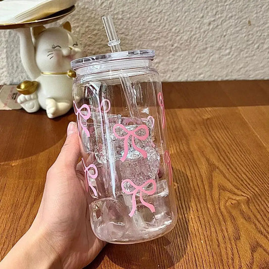 Cute Mason Jar Shaped Glass Tumbler - With Bow Tie Plastic Straw & Lid, For Iced Coffee, Juice & Water, Solves Spills/Unportable